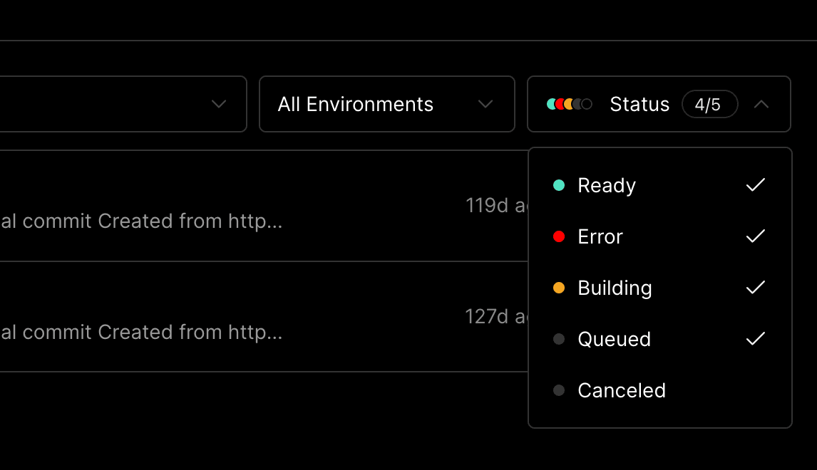 The Deployments tab with the status filter dropdown open.