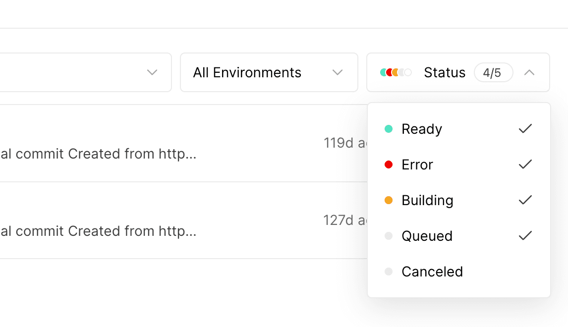 The Deployments tab with the status filter dropdown open.