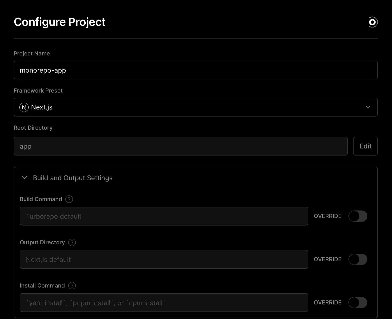 Configuring Project settings during import, with defaults already set.