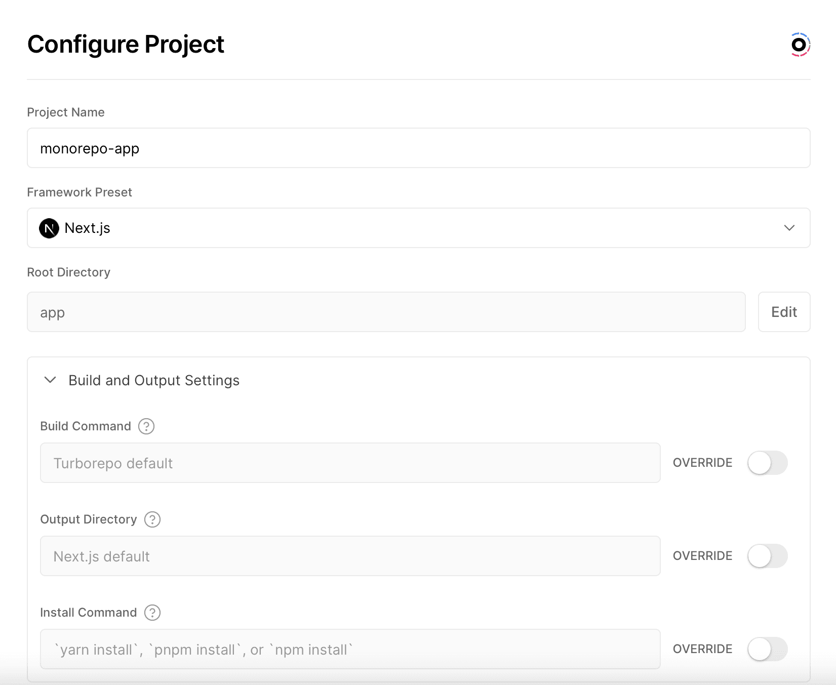 Configuring Project settings during import, with defaults already set.