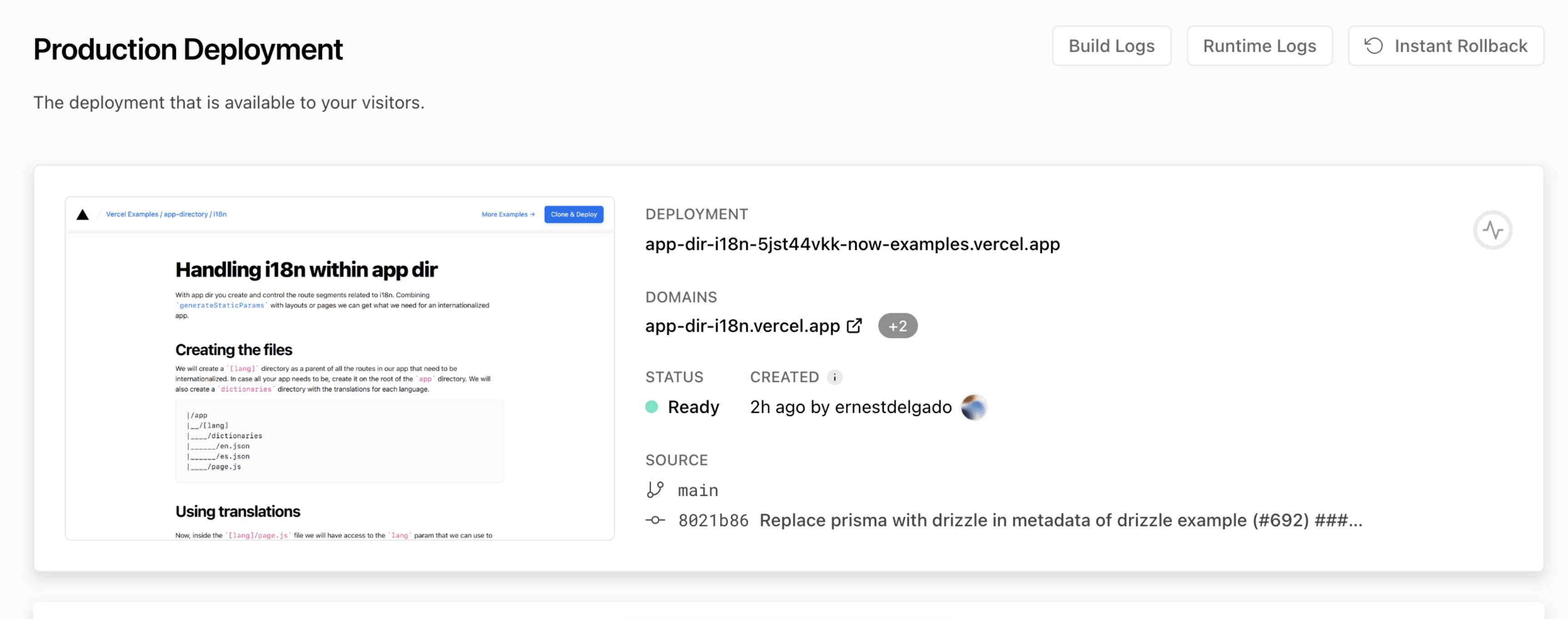 Access Instant Rollback from the production deployment tile.