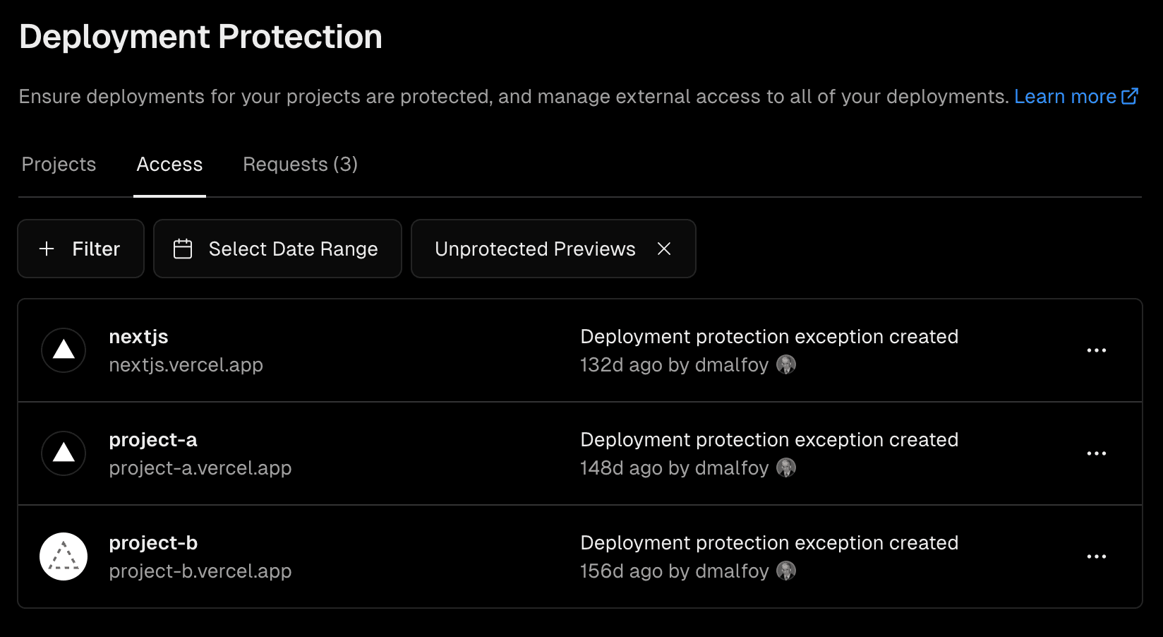 Dashboard > Settings > Deployment Protection > Access