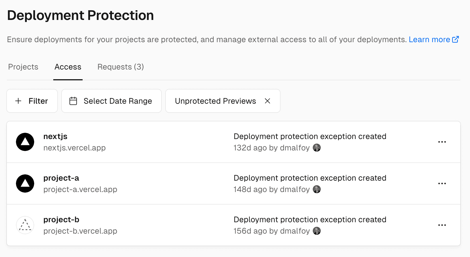 Dashboard > Settings > Deployment Protection > Access