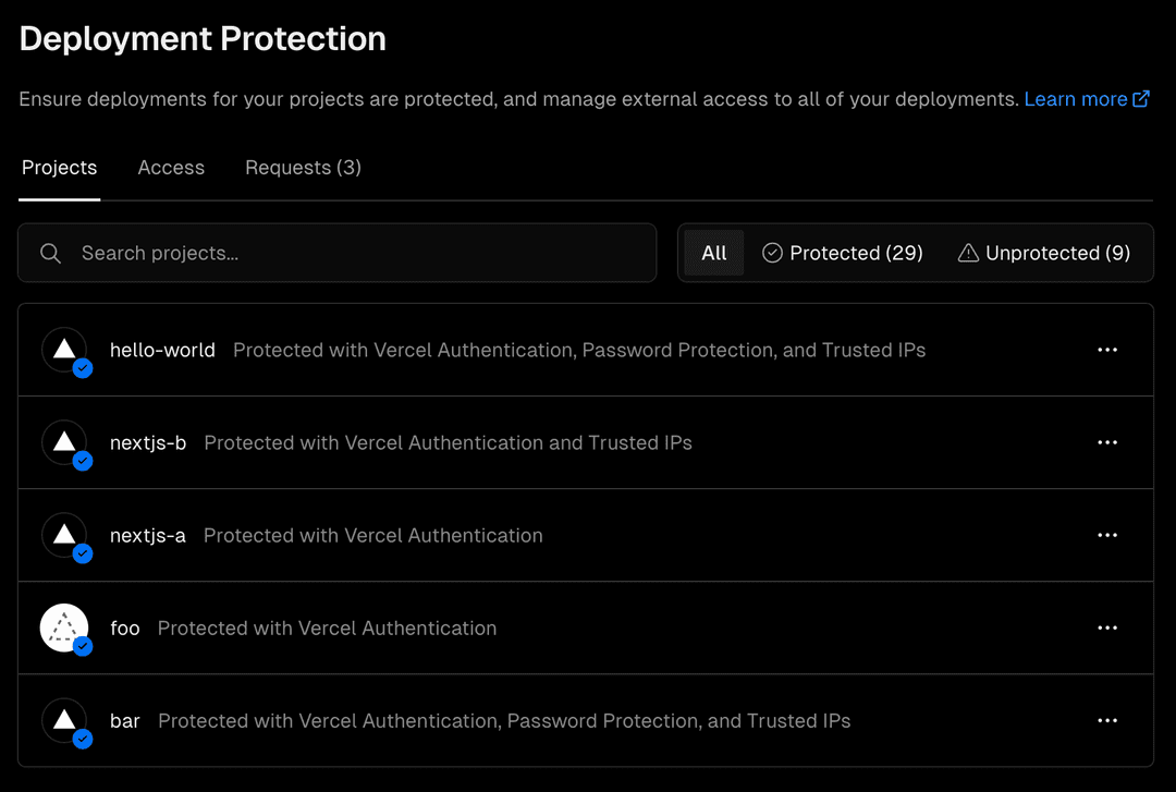 View your project protections on the Dashboard > Settings > Deployment Protection page.