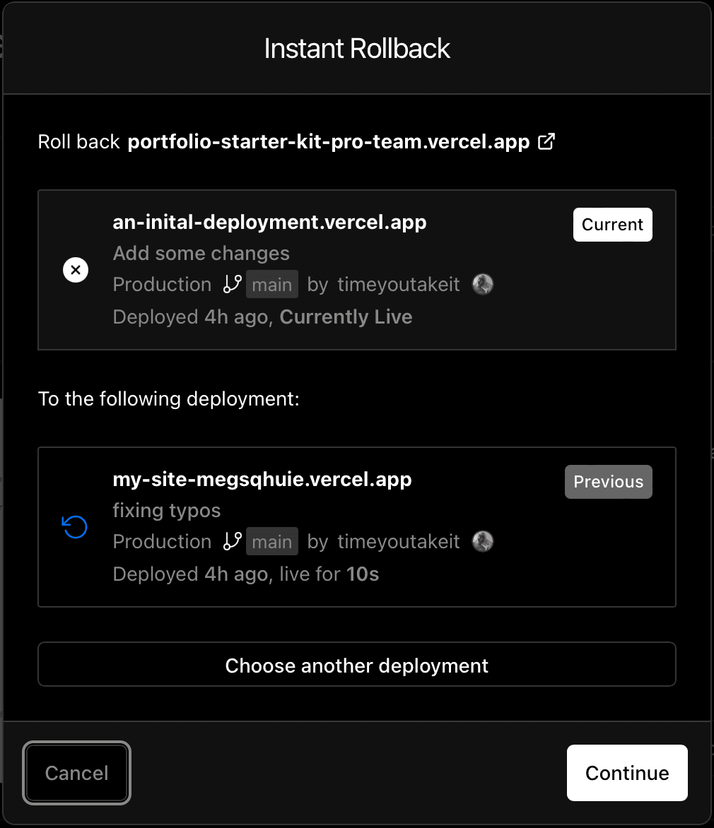 Dialog showing the current and previous deployments.