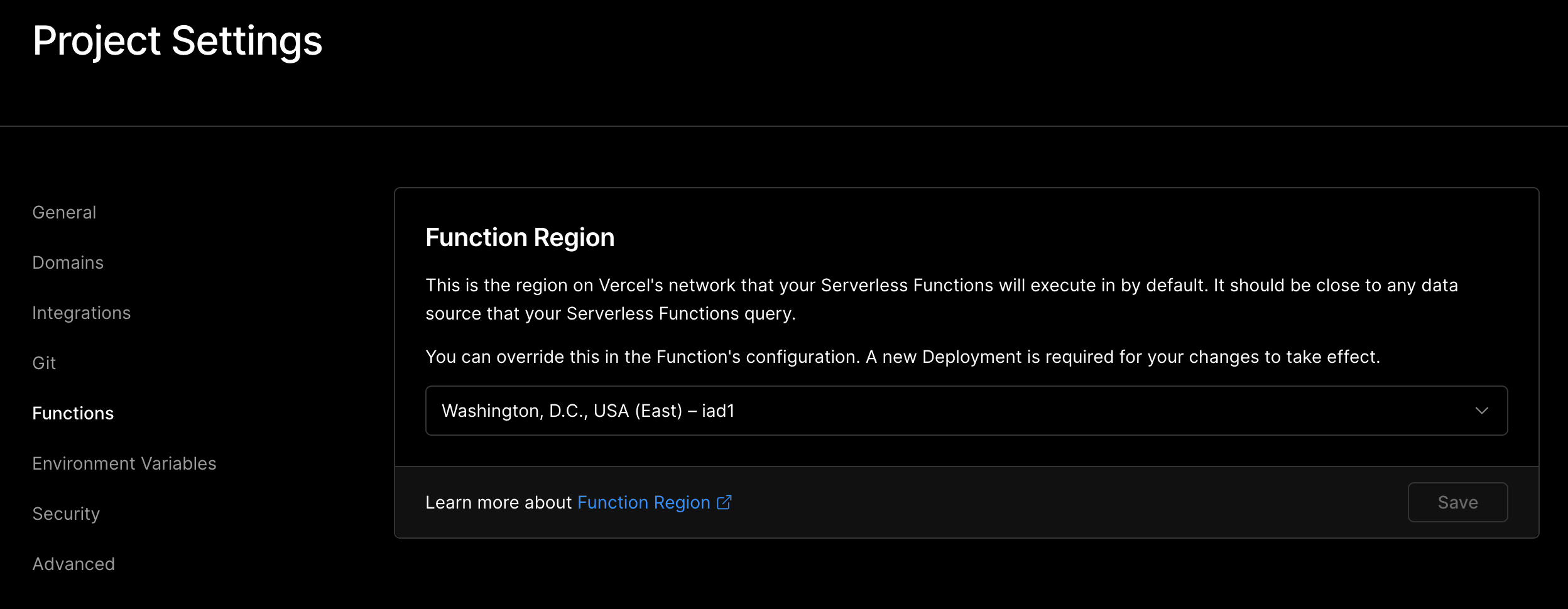 The Function Region setting in a Vercel project's dashboard