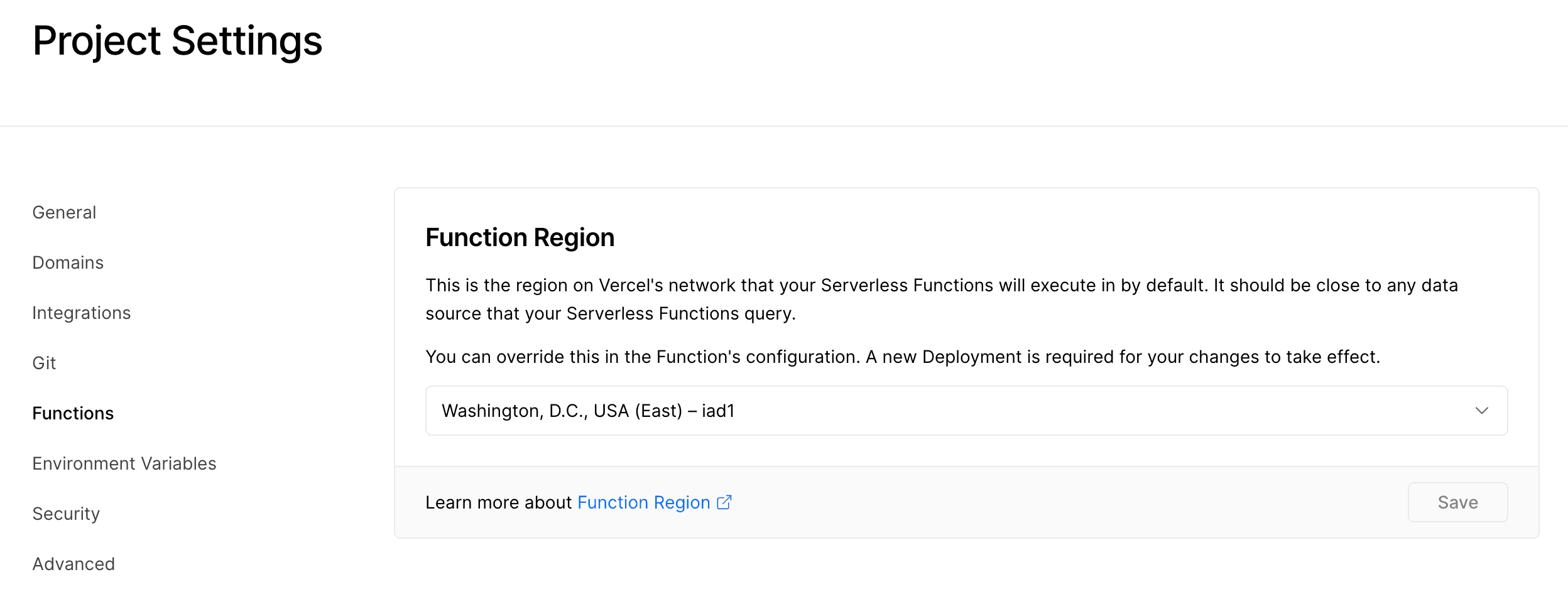 The Function Region setting in a Vercel project's dashboard