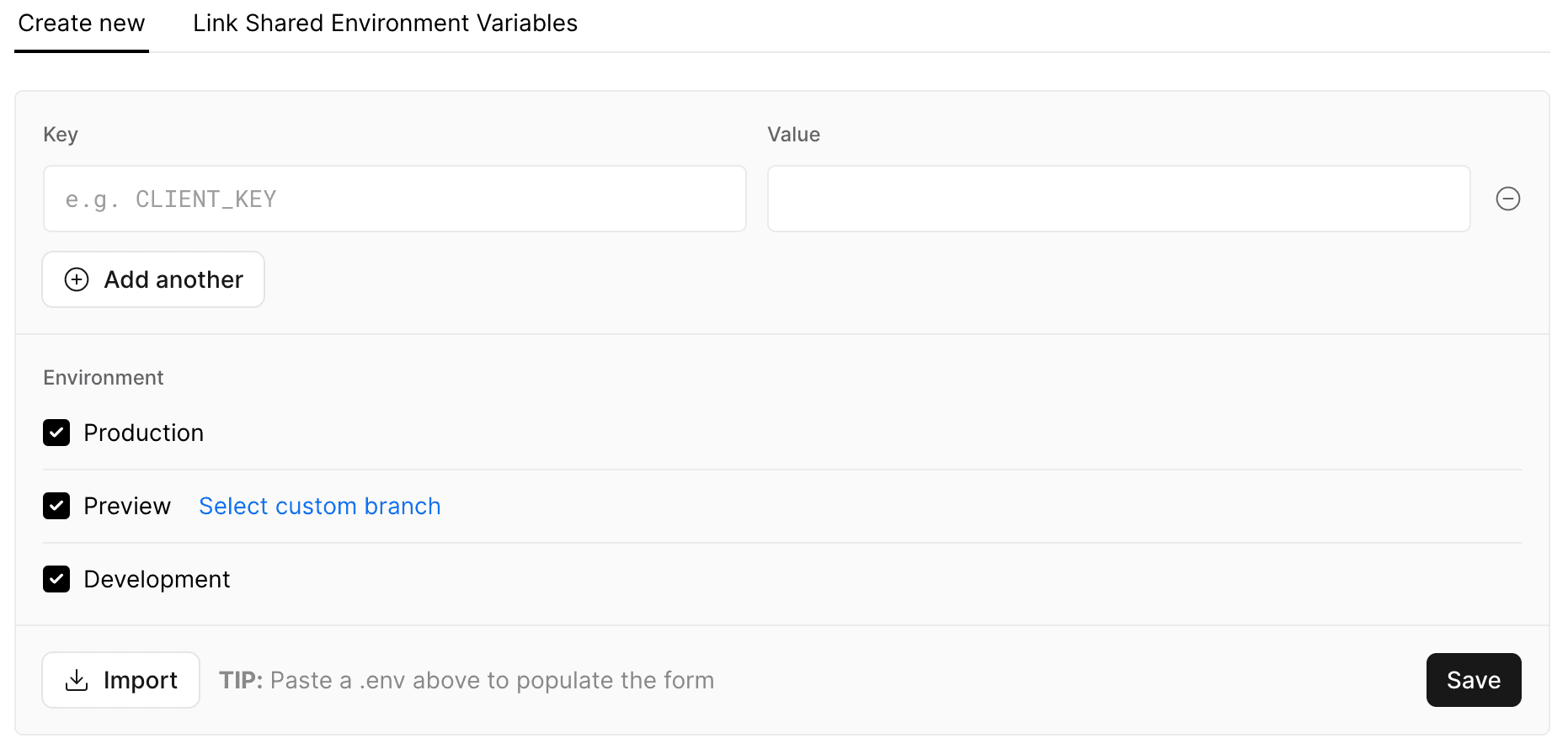 The 'Add New' section of the Environment Variables page in the Project Settings.