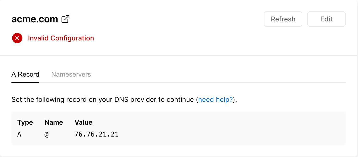 Instructions on configuring an apex domain from the Project Domains page.