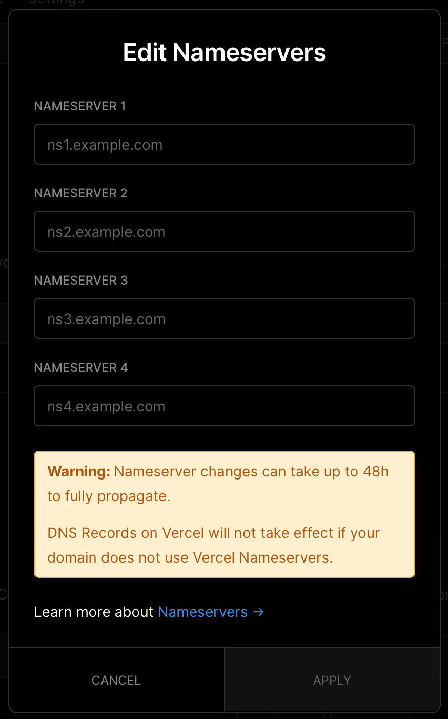 Adding custom nameservers on the Edit Nameservers modal.