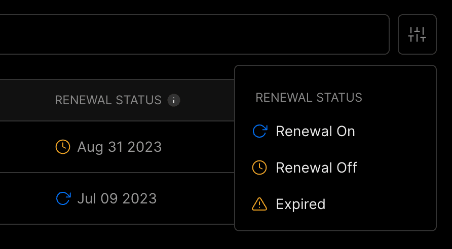 Filter Domains table by renewal status.