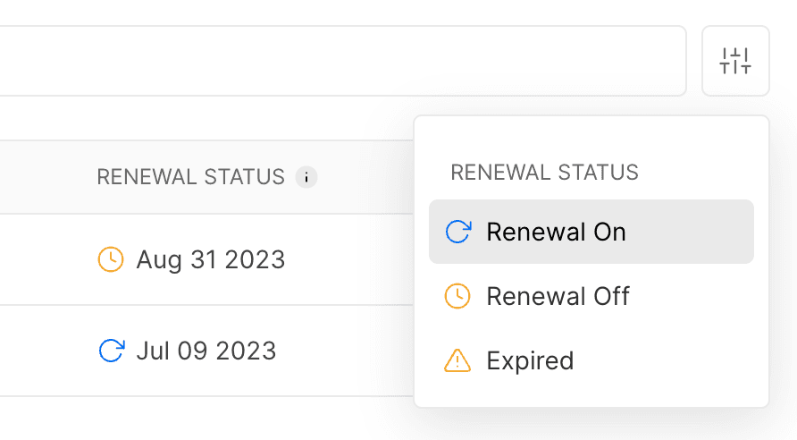 Filter Domains table by renewal status.