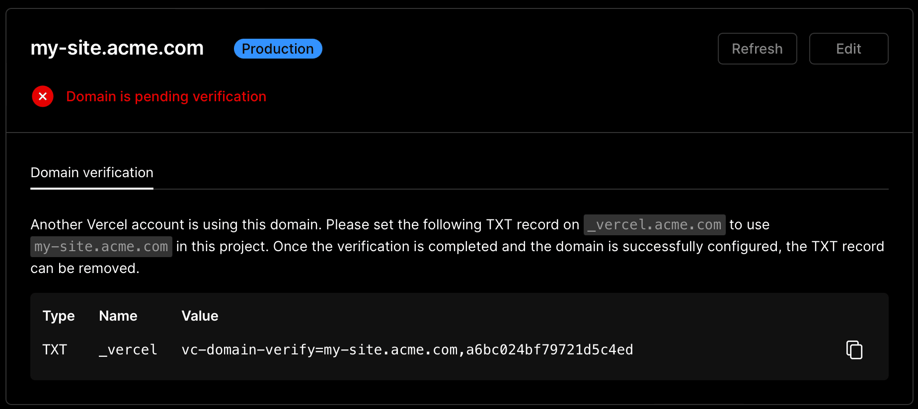 Instructions on verifying a domain by setting a DNS record on the apex domain.