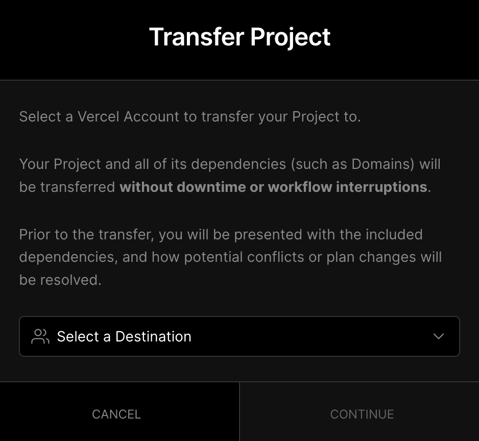 Choosing an account to transfer the Project to.