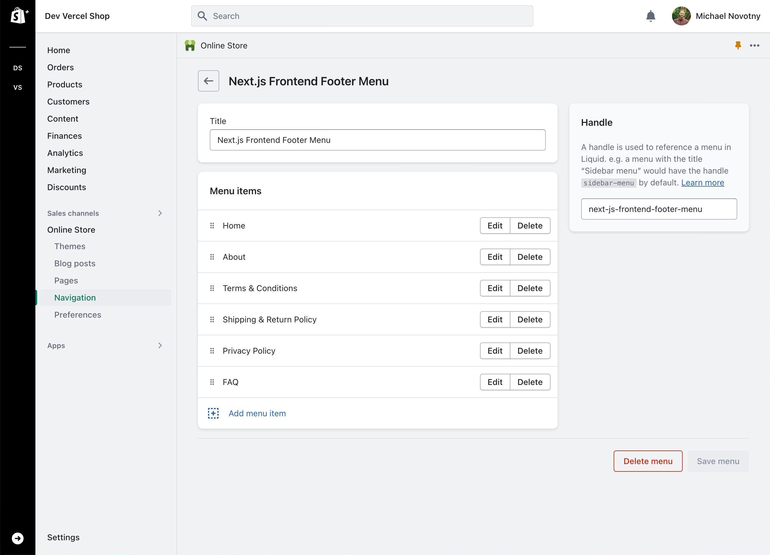 Shopify navigation menu details