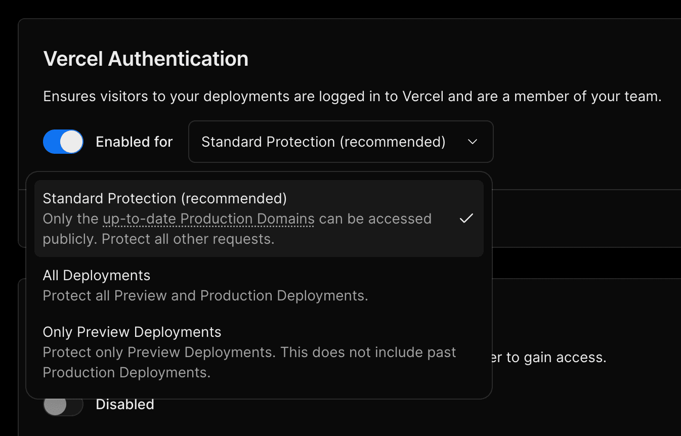 Selecting Standard Protection in the Vercel Dashboard.