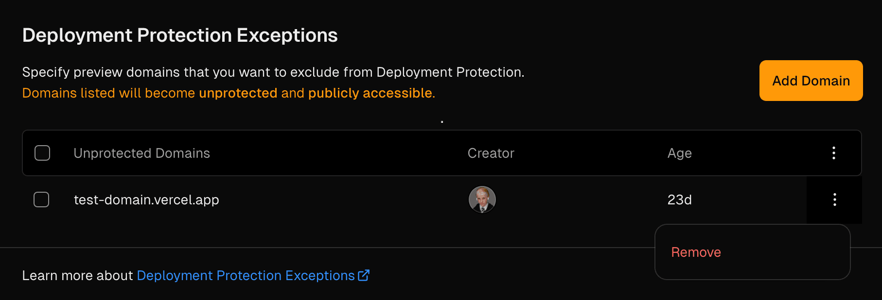 Removing Deployment Protection Exception.