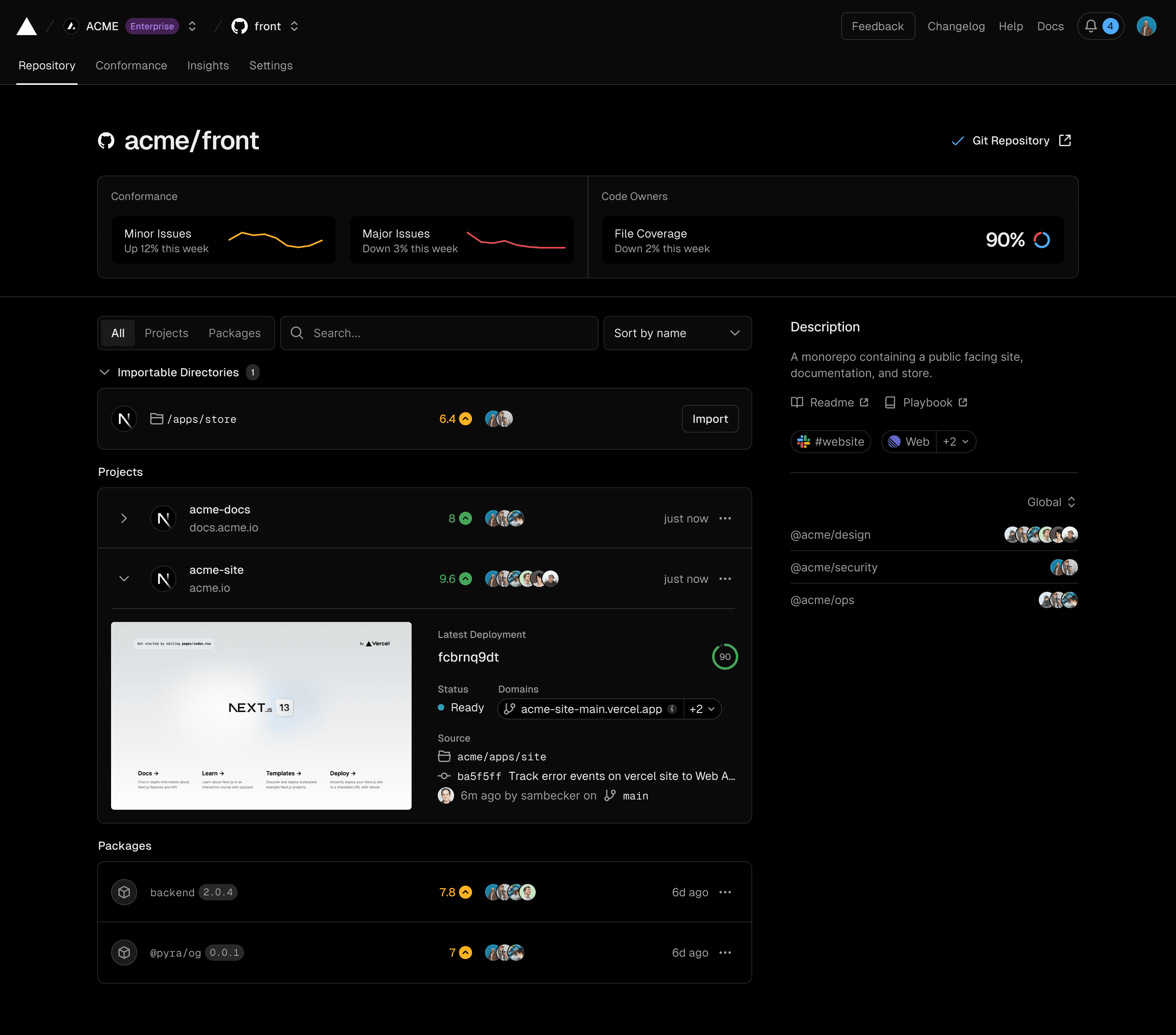 View code information for each project and package in your repository