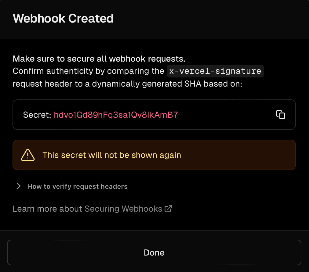 Confirmation to create the webhook.