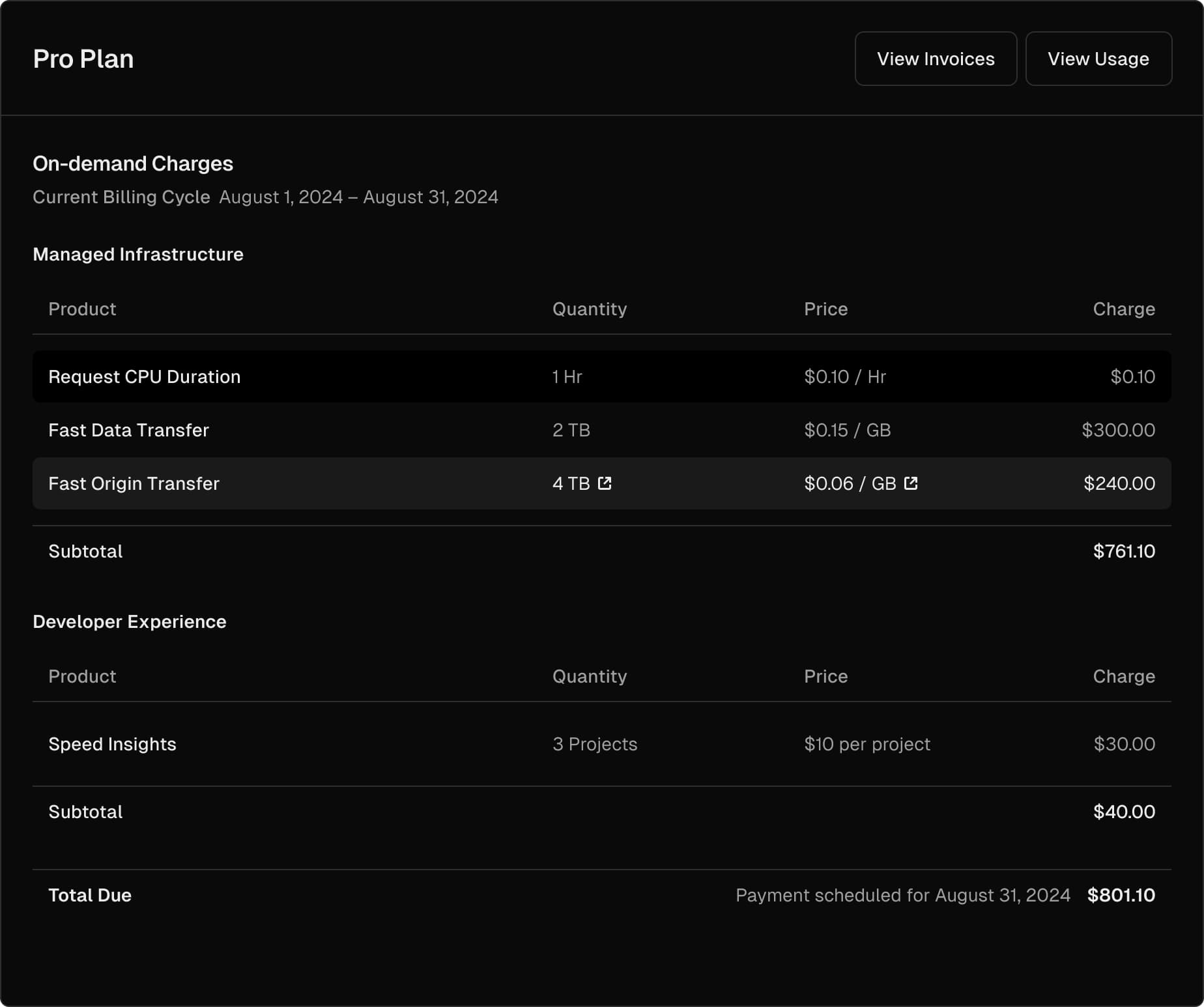 Pro plan invoice with on-demand charges