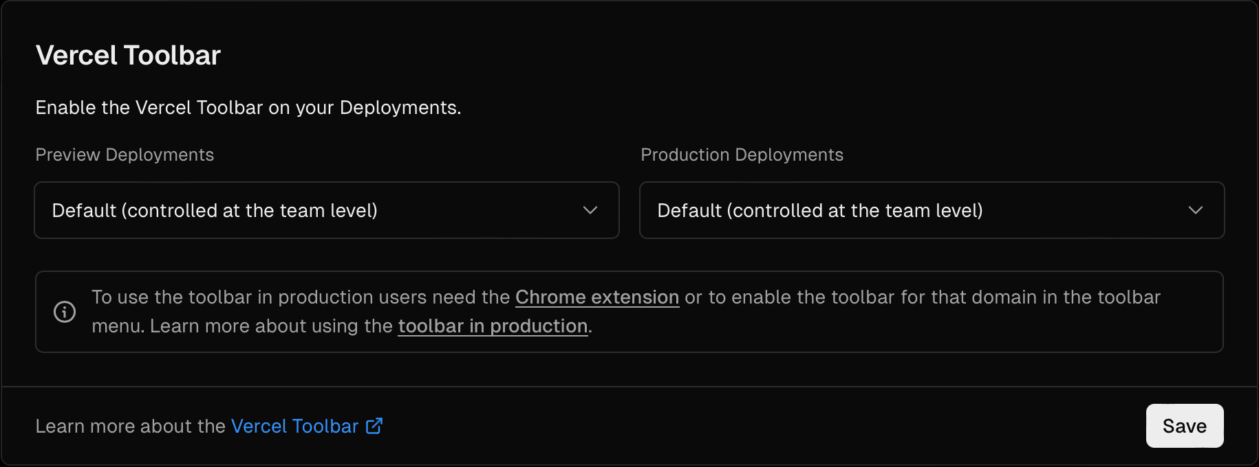 The dashboard setting to enable or disable the toolbar in a project.