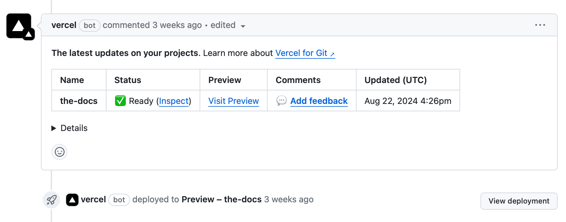 Viewing deployment URLs in a pull request on GitHub.