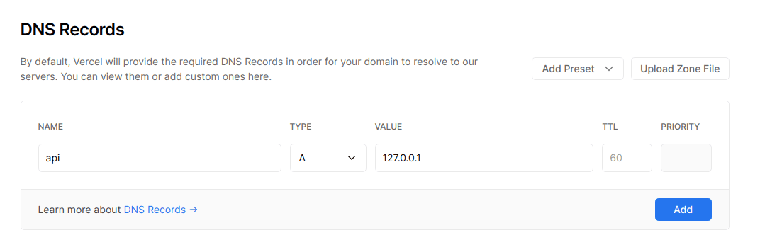 The DNS UI when adding an A record to api.example.com.